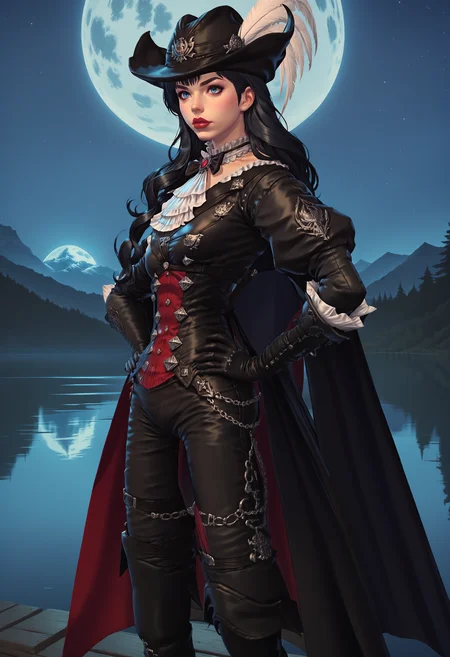 zPDXL,score_9, score_8_up, score_7_up, source_anime, 1girl, solo, cowboy shot, lake, night, starry sky, full moon, mountainous horizon,
<lora:Gaia_FFXIV:.75> gaia \(ff14\), blue eyes, lips, black hair, hands on hips,
 <lora:Duelists_Attire_FFXIV-Red_Mage_AF1:.75> rdmAf, duelist head, duelist body, duelist gloves, duelist pants, duelist cape, duelist boots, hat feather