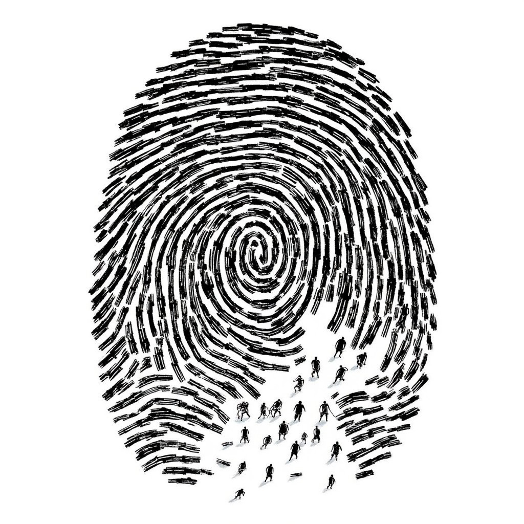 A hand drawn cyberpunk anime illustration of a giant fingerprint maze, with tiny figures navigating through its whorls and ridges. Black and white, monochrome palette.