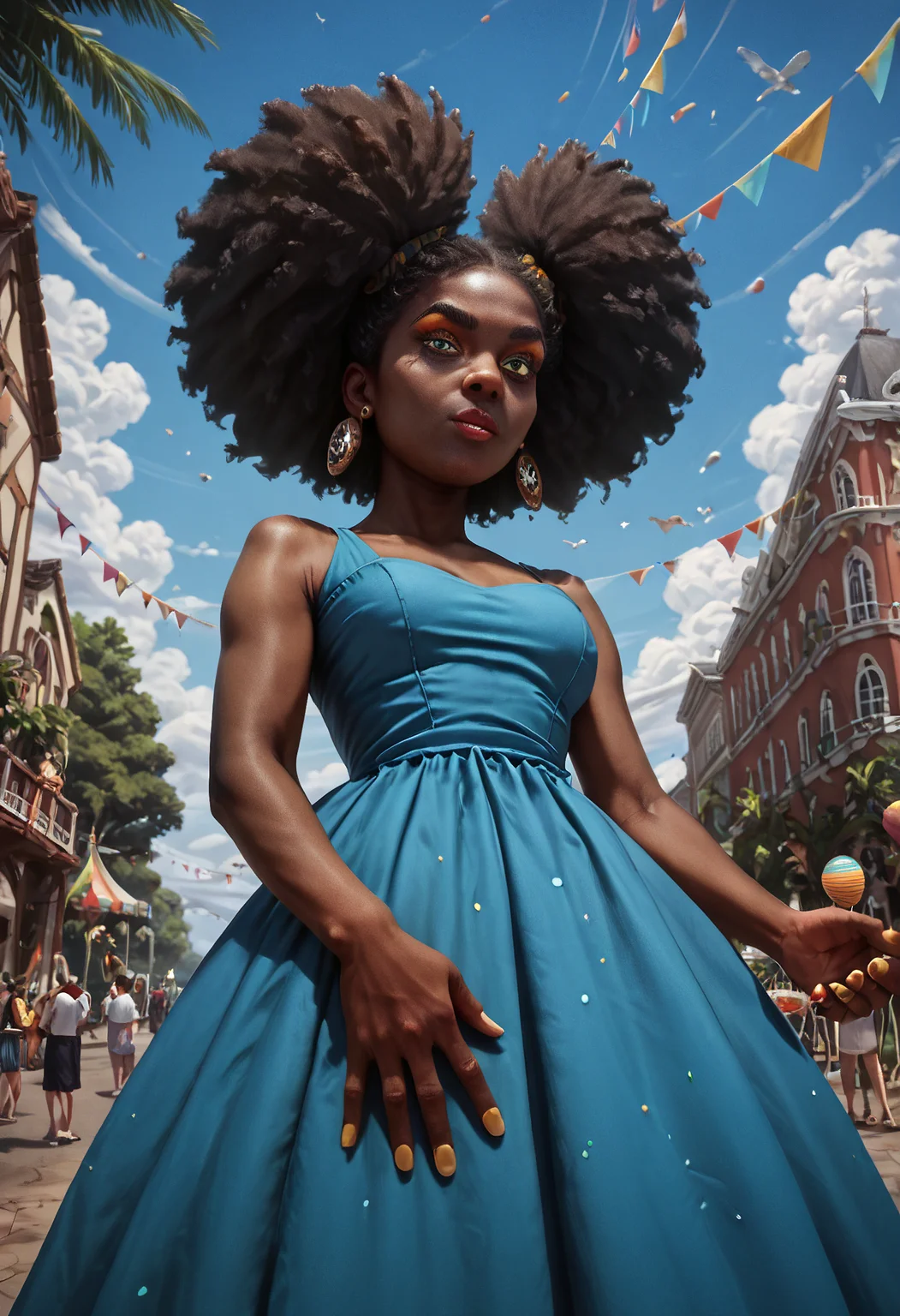 score_9, score_8_up, score_7_up, score_6_up, score_5_up, score_4_up, a highly detailed painting, 1 woman, black woman, dark skin, 40 years old, afro puff pigtails, makeup, fingernails, earrings, jewelry, an intricate Crocheted made of yarn yellow dress, sunny afternoon, birthday party at the park, Orthogonal Bottom View<lora:Pony_XL_Colorful_Box_Braids> <lora:Black_Woman_v3-000006> <lora:detailed_notrigger>
