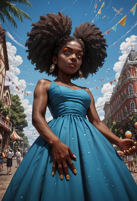 score_9, score_8_up, score_7_up, score_6_up, score_5_up, score_4_up, a highly detailed painting, 1 woman, black woman, dark skin, 40 years old, afro puff pigtails, makeup, fingernails, earrings, jewelry, an intricate Crocheted made of yarn yellow dress, sunny afternoon, birthday party at the park, Orthogonal Bottom View<lora:Pony_XL_Colorful_Box_Braids> <lora:Black_Woman_v3-000006> <lora:detailed_notrigger>