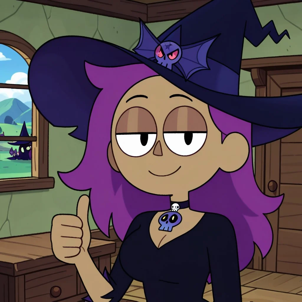 flat color,(witch_Enid_ok_k.o.:1),solo,1girl,,witch enid,dark skin,witch,purple hair, long hair,black eyes,breasts,witch hat,choker,skull ornament,black dress,half-closed eyes,smile,thumbs up,looking at viewer,upper body portrait,indoors,day,bedroom