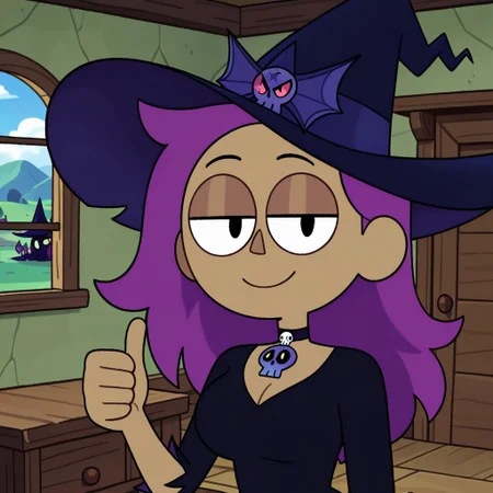 flat color,(witch_Enid_ok_k.o.:1),solo,1girl,,witch enid,dark skin,witch,purple hair, long hair,black eyes,breasts,witch hat,choker,skull ornament,black dress,half-closed eyes,smile,thumbs up,looking at viewer,upper body portrait,indoors,day,bedroom