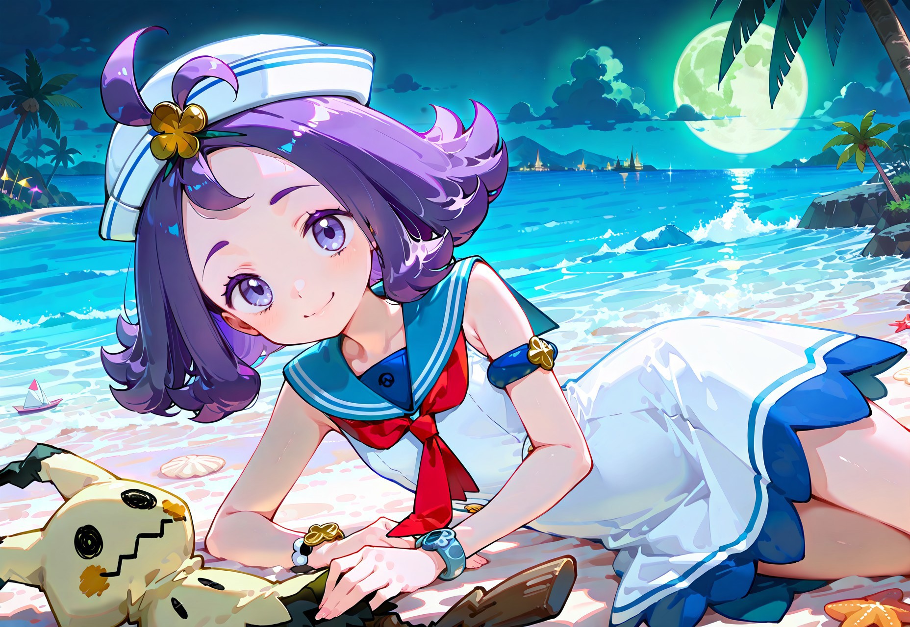 masterpiece,best quality,amazing quality,very aesthetic,absurdres,newest,
anime screenshot, anime coloring, flat color,
BREAK 

1girl,
1girl,
sumacerola, [acerola_\(pokemon\)], medium_hair, purple_hair,
 purple_eyes,

 sailor_hat, white_hat, sleeveless_dress, white_dress, armlet, bracelet, red_neckerchief, sailor_collar, ,official_alternate_costume,

smile,

closed mouth,

BREAK 


lying,on side,seashells,

Mimikyu\(pokemon\),



outdoors,beach,sea,island,palm tree,shade,windy,
night,dark, harsh lighting,green moon,purple light,


looking at viewer