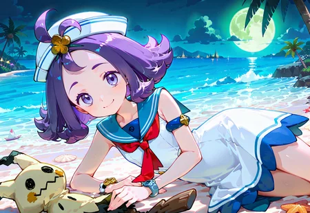 masterpiece,best quality,amazing quality,very aesthetic,absurdres,newest,
anime screenshot, anime coloring, flat color,
BREAK 

1girl,
1girl,
sumacerola, [acerola_\(pokemon\)], medium_hair, purple_hair,
 purple_eyes,

 sailor_hat, white_hat, sleeveless_dress, white_dress, armlet, bracelet, red_neckerchief, sailor_collar, ,official_alternate_costume,

smile,

closed mouth,

BREAK 


lying,on side,seashells,

Mimikyu\(pokemon\),



outdoors,beach,sea,island,palm tree,shade,windy,
night,dark, harsh lighting,green moon,purple light,


looking at viewer