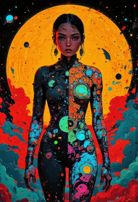 The image features a vibrant and imaginative female character adorned in a skin-tight suit that seems to blend organic and cosmic elements. The suit is intricately designed with swirling patterns in shades of black, blue, and vivid pink, resembling flowing tendrils or vines. Circular motifs in various colors, especially teal and fuchsia, punctuate the design.
Behind the figure, a striking circular backdrop glows in warm tones of orange and red, embellished with geometric patterns that evoke a sense of depth and energy, reminiscent of a cosmic or mystical setting. The overall atmosphere is surreal and otherworldly, combining elements of science fiction with artistic flair.