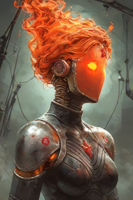 score_9,score_8_up,<lora:Turbo_XL:1>,1girl,maximum details,cybernetics,human-machine fusion,dystopian,organic meets artificial,dark,intricate,futuristic,technological,cybernetic enhancements,robotics,artificial intelligence themes,android,AI,machine,metal,wires,tech,biomechanical cyberpunk,<lora:FireHuman:1>,firehuman,colored skin,orange fireskin,fire,empty eyes,<lora:BeautyInEvilPony:0.6>,hkevil,<lora:HerrscherAGGA2024_Nameless_Style_V2:0.4>,nameless_style,<lora:thetwins:1>,TheTwinsSDXL,1girl,solo,robot,faceless,