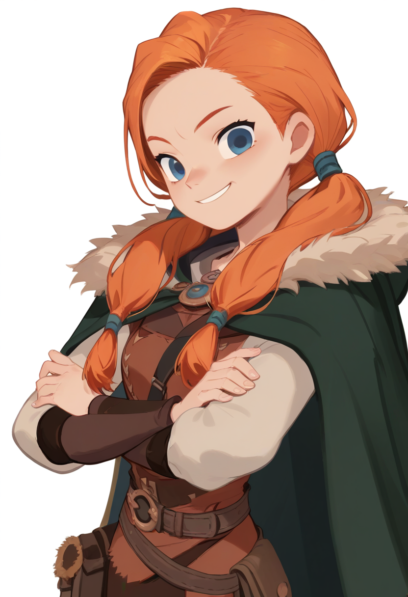 score_9, score_8_up, score_7_up, score_6_up, source_anime, 1girl,solo,long hair,looking at viewer,smile,blue eyes,simple background,long sleeves,white background,twintails,belt,cape,orange hair,fur trim,crossed arms
<lora:hong_soonsang_v0.3-pony:1>