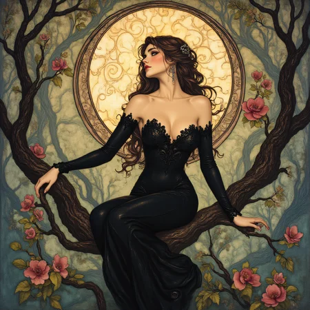 ArsMJStyle, art nouveau,, The image shows a woman in a black dress sitting on a tree branch surrounded by flowers and leaves with a moon in the background., 1girl, flower, breasts, solo, long hair, cleavage, earrings, moon, bare shoulders, jewelry