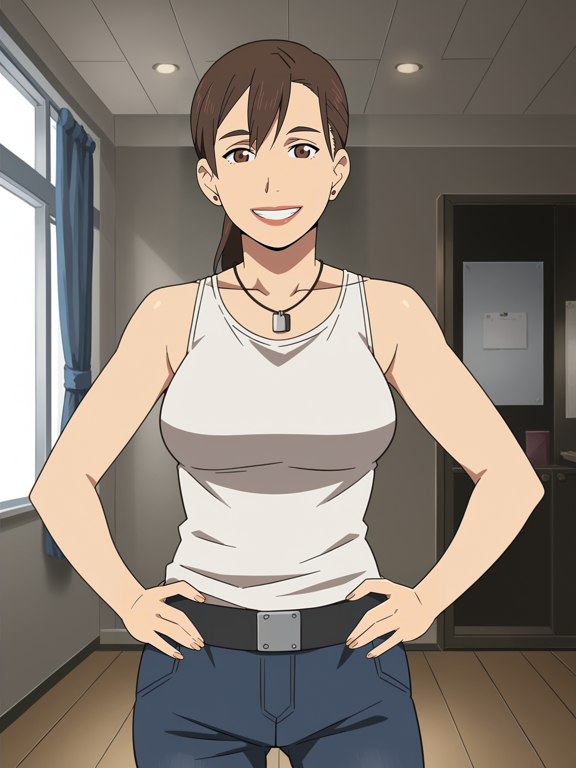 <lora:Mari_Kusakabe-Tokyo_Magnitude_8.0:0.9>,Mari,mature female,1girl,solo,brown hair,brown eyes,ponytail,earrings,tank top,pants,cowboy shot,hands on own hips,looking at viewer,indoors,smile