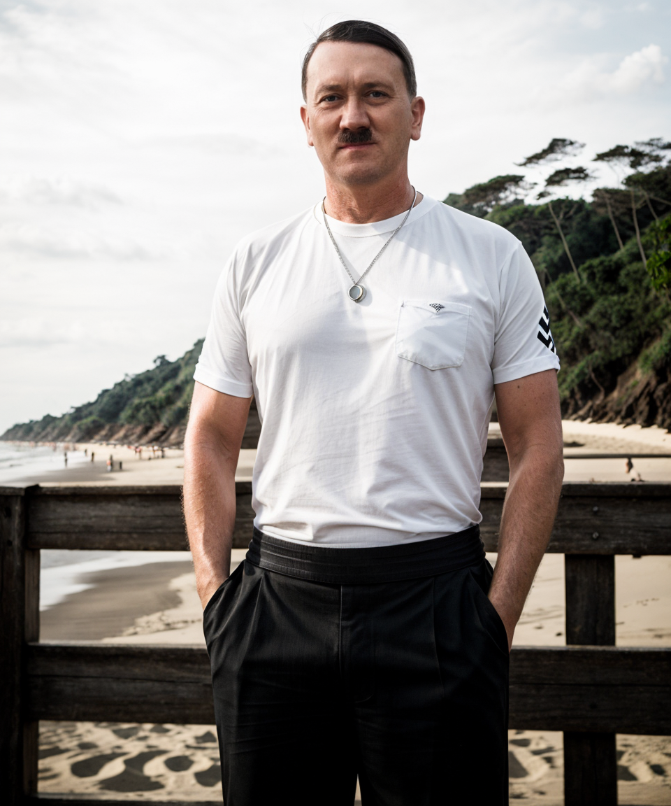 hitler, a man, ((Goa beach)), Goa,  white T-shirt, looks at camera, black shorts, glass of beer, ((smiling)), Masterpiece, best quality,photography, detailed skin, realistic, photo-realistic, 8k, highly detailed, full length frame, High detail RAW color art, diffused soft lighting, shallow depth of field, sharp focus, hyperrealism, cinematic lighting ,   <lora:adolff:0.8>