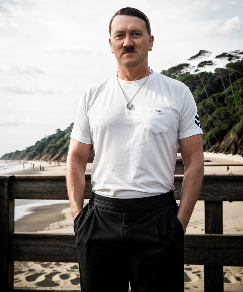 hitler, a man, ((Goa beach)), Goa, white T-shirt, looks at camera, black shorts, glass of beer, ((smiling)), Masterpiece, best quality,photography, detailed skin, realistic, photo-realistic, 8k, highly detailed, full length frame, High detail RAW color art, diffused soft lighting, shallow depth of field, sharp focus, hyperrealism, cinematic lighting , <lora:adolff:0.8>