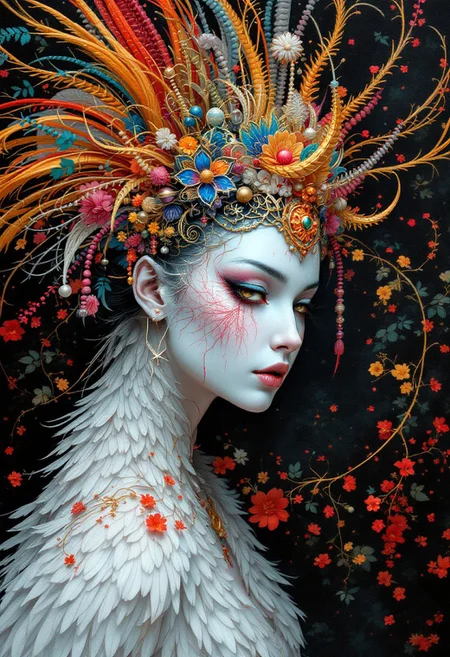 oil art, dark fantasy art, surrealism, high detail, woman oriental crane with crest, white porcelain skin, diamond painting, intricate details, quantum rendering, hyper-detailed, 50mm lens, colorful