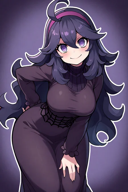 masterpiece, best quality, absurdres, medium breasts, (curvy), cute, eyelashes,      vivid colors,   BREAK,  ,,, , ,,,    hex maniac (pokemon),   long hair, ahoge, purple hairband, purple eyes, large breasts, long dress, <lora:HexManiacPokemonIXL:1.0>,  ,,,   , ,,,   smile, looking at viewer,   ,,,   smile, looking at viewer, leaning forward, head tilt, blush, <lora:CatalystIXL:0.7>, <lora:ZankuroIXLLight_v2:0.6>,