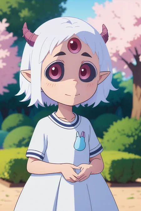 (2d:1.2), wide shot, (dynamic angle:1.1), outline, ((thick lineart)), cover, stylish, official art, (details:1.2), (fantasy), garden, (bloom:1.1), glow:0.2, shadow, nature, cherry blossoms, particles, (depth of field), sharp focus, (volumetric lighting), (bokeh:0.6), film grain:0.4, (soft lighting:1.1), mmaom, short hair, white hair, horns, pointy ears, red eyes, extra eyes, colored sclera, third eye, dress, shirt, white shirt, looking at viewer, <lora:Himesama_Goumon_MaoMao_00_01:01.0>