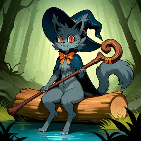 Alice(F), Solo, 1girl, semi-anthro, female furry, cat, cat girl, grey fur, fluffy fur, amber eyes, cat tail, sharp claws, fangs, witch hat, neck bow, short cloak, looking at viewer, holding wooden staff, sitting on log, swamp background, smile, eyes half-closed, full body,