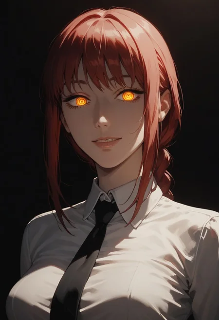score_9, score_8_up, score_7_up, score_6_up, score_5_up, score_4_up,Expressiveh, 43stl1ght1ng, masterpiece, volumetric lighting, cinematic lighting,    BREAK  makima \(chainsaw man\), best quality, ultra detailed, 1girl, solo, standing, red hair, long braided hair, golden eyes, bangs, medium breasts, white shirt, necktie, stare, smile, (evil:1.2), looking at viewer, (interview:1.3), (dark background, chains:1.3), from below, sharp contrast , gorgeous detailed eyes, focus , close up shot , glowing orange eyes, mak1ma0,