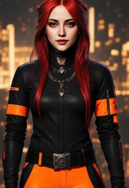 (original: 1.2), (far shot), (realistic: 1.3), masterpiece, best quality, beautiful clean face, fullbody, 1girl, teenager, wearing black techwear jacket and orange trousers with buckle and tape, (crystal necklace), posing for a picture, (red braided bun), long legs, big happy warm smile, on the [Carne Griffiths],[Conrad Roset],((migrainzxxl)) [Brian Kesinger]