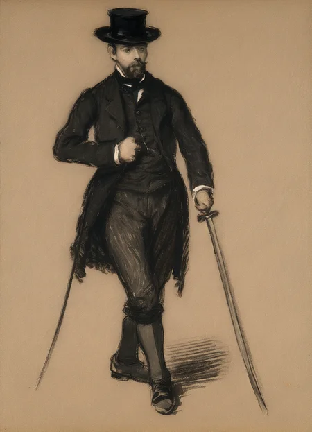 Arcpastel by Edouard Manet of a man wearing black clothes with a sword and a hat throwing off a black cloth as he steps forward, Paris, France, Impressionism, sketch and study, male portraits, 1870s, 1800s