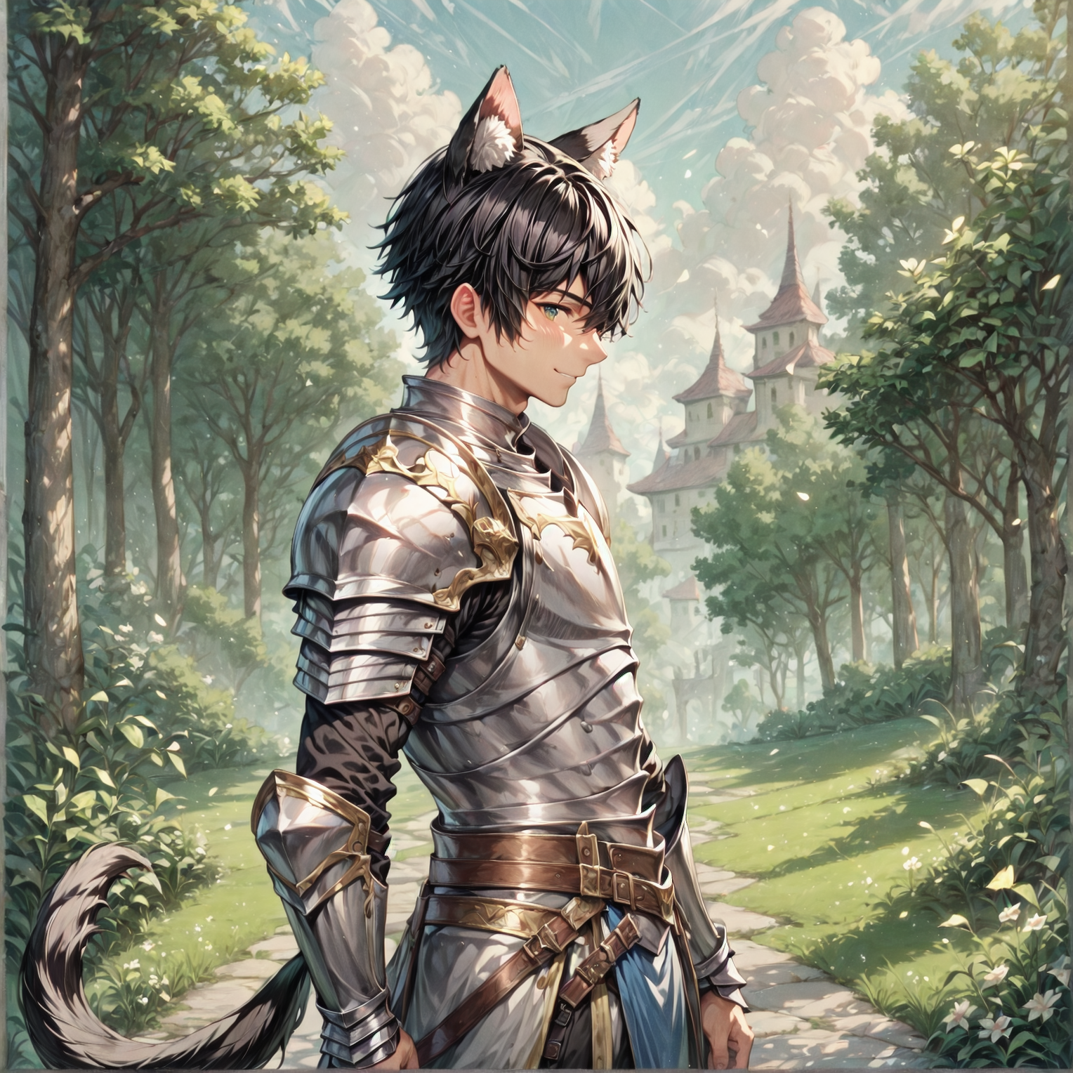 1boy, male focus, knight, armor, outside, forest, full body, looking at viewer, smile, animal ears, tail, black hair, short hair, <lora:Beastfolk_SD_1.5_r1:1>, very detailed, <lora:more_details:0.6>, high quality, highres, masterpiece, best quality, 8k, intricate, detailed, <lora:add_details_xl:0.6>, <lora:sinfully_stylish_SDKL:0.5>, <lora:nudify_xl_lite:0.5>, <lora:epiCRealismHelper:0.5>, <lora:NsfwPovAllInOneLoraSdxl:0.5>, <lora:JuggerCineXL2:0.5>