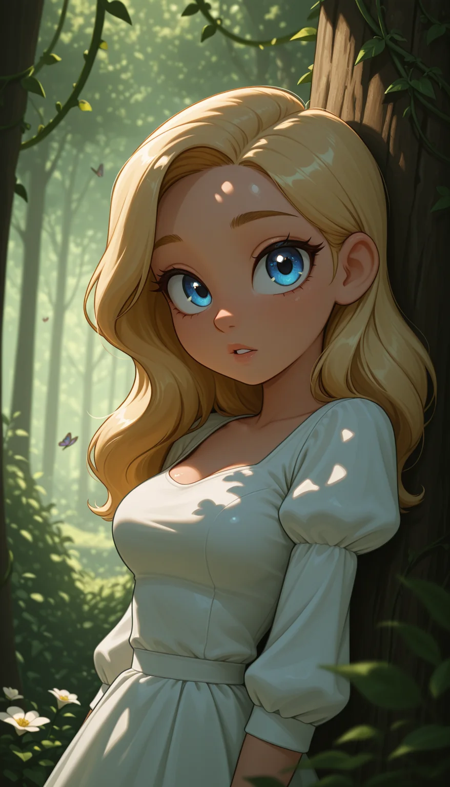 masterpiece, best quality, amazing quality, 4k, very aesthetic, high resolution, ultra-detailed, absurdres, newest, scenery, cartoon, toon, (dappled sunlight:1.2), rim light, backlit, dramatic shadow, 1girl, long blonde hair, blue eyes, shiny eyes, parted lips, medium breasts, puffy sleeve white dress, forest, flowers, white butterfly, looking at viewer, leaning side against tree, vines, green, arms, upper body, close-up, dutch angle, shiny skin, BREAK, dramatic shadow, depth of field, vignetting, volumetric lighting
