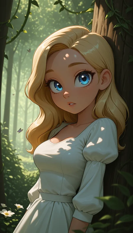 masterpiece, best quality, amazing quality, 4k, very aesthetic, high resolution, ultra-detailed, absurdres, newest, scenery, cartoon, toon, (dappled sunlight:1.2), rim light, backlit, dramatic shadow, 1girl, long blonde hair, blue eyes, shiny eyes, parted lips, medium breasts, puffy sleeve white dress, forest, flowers, white butterfly, looking at viewer, leaning side against tree, vines, green, arms, upper body, close-up, dutch angle, shiny skin, BREAK, dramatic shadow, depth of field, vignetting, volumetric lighting