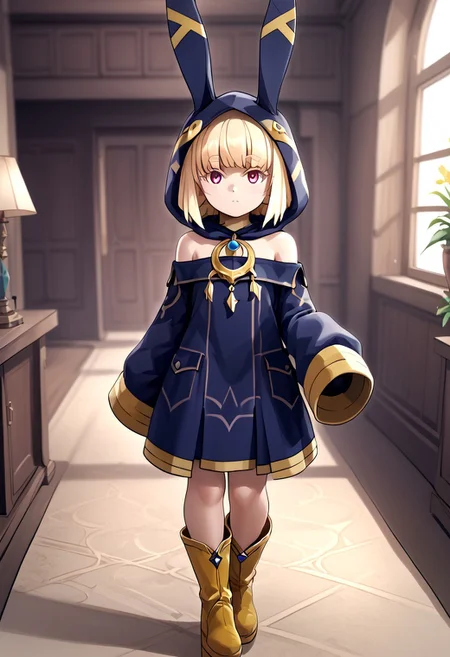 score_4,score_5,score_6,score_7_up,score_8_up,score_9 ((masterpiece,best quality,ultra detailed,highres,HD,4k:1.2)),
1 girl,solo,face focus,
Layla,blonde hair,bangs,short hair,bob cut,sidelocks,thick eyebrows,red eyes,petite,
long sleeves,bare shoulders,hood up,rabbit hood,animal hood,sleeves past wrists,sleeves past fingers,dress,barefoot,boots,yellow footwear,
indoors,Raise one hand,
Expressionless, emotionless, blush,