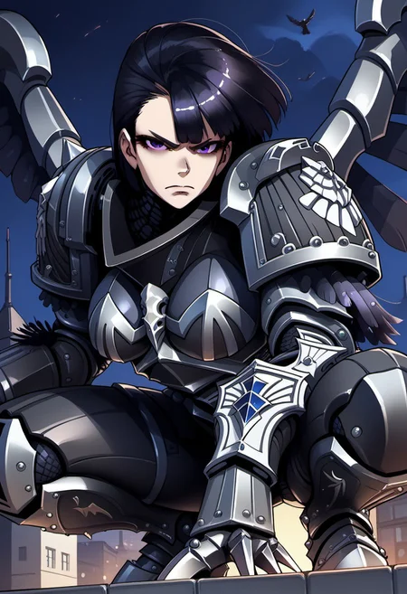 Score_9, score_8_up, score_7_up, score_6_up, score_5_up, score_4_up, 1girl, solo, CorvinaXL, black hair, bangs, short hair, purple eyes, large breasts, armour, shoulder armor, winged jump-pack, gauntlets, armored boots, wrist claws, scowl, squat, rooftop, night, below view