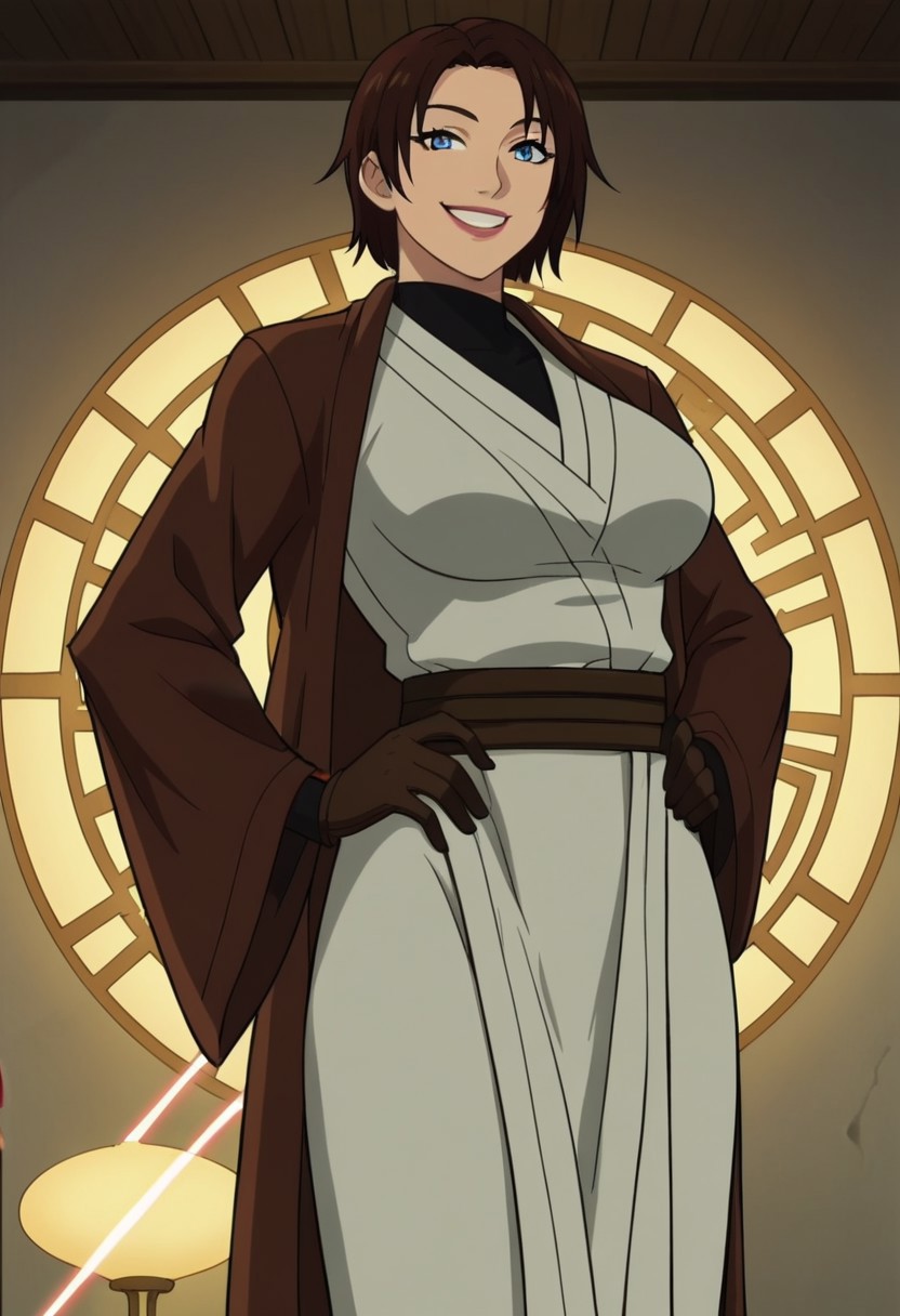 score_9, score_8_up, score_7_up, source_anime, anime coloring, anime screencap, meetra surik, short hair, brown hair, blue eyes, large breasts, jedi robe, gloves, hand on hips, smile, detail background,
