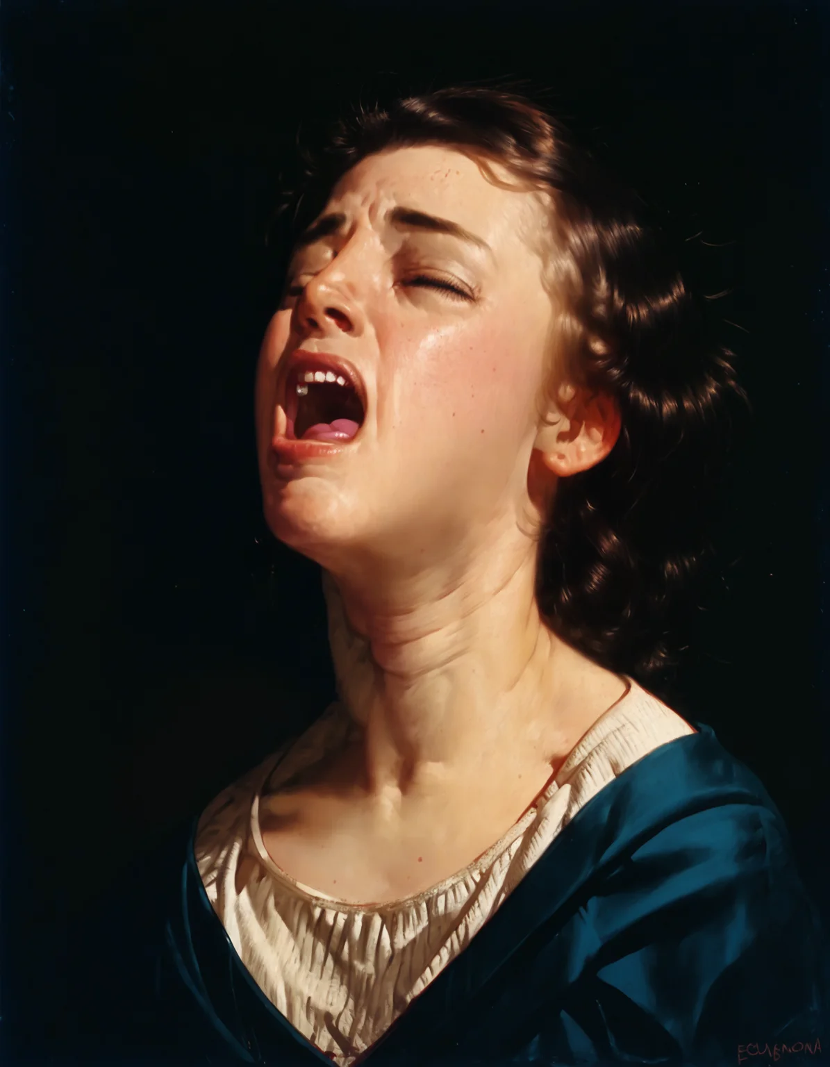 score_9, score_8_up, score_7_up, score_6_up, score_5_up, score_4_up, beautiful woman, desperation, dark background, looking up, open mouth, closed eyes