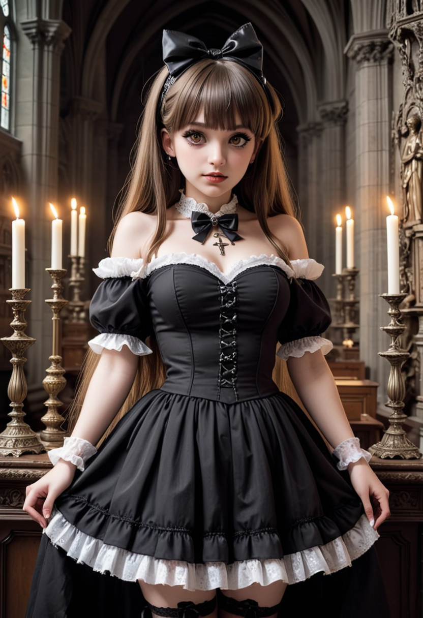 (medium full shot) of (dark gothiclolita) young woman, voluptuous build, extra long hazel straight bangs hair, spanish, tan skin, hazel eyes, wearing a ribbon headband with bow accents, white Off-the-shoulder lace top with ribbon lacing, ruffled petticoat, sheer stockings, lace-up boots, pale skin,  smoky eyeshadow, black eyeliner, cross necklace, ornate brooch, set in  Cathedral Sacristy, Dimly lit chamber with tall cabinets holding ceremonial robes, polished silver candlesticks gleaming on a side table, shelves lined with ancient manuscripts, fragrant incense lingering in the air, a small altar adorned with fresh greenery , at sunset, woman smiling, detailed face, ,Masterpiece,best quality, photo, realistic, very aesthetic,
