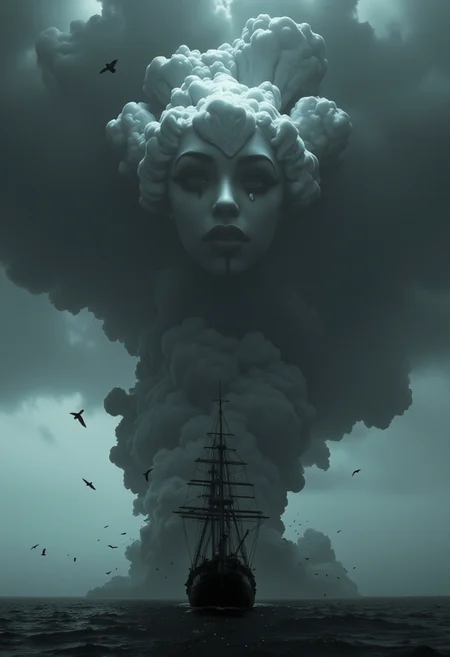 The image depicts a dramatic scene where a ship, likely an old sailing vessel, is surrounded by a thick, dark cloud formation. The cloud is shaped in a way that strikingly resembles a  sad ebony girl looking down innocent red tear drop medusa's face, giving the scene an ominous, almost supernatural feel. Birds are seen flying near the ship, adding to the eerie atmosphere. The overall mood of the image suggests themes of adventure, mystery, or even horror<lora:Akasha_Queen_of_the_Damned_F1-GMR:1>
