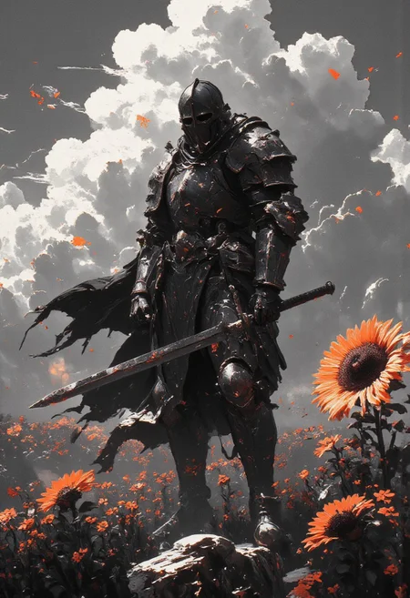 lndscpx, a monochromatic Landscape scenery, high resolution and very detailed moody anime image with a moody sunset behind billowing clouds, a worn heavy armored Knight standing in daylight, sunlit, a large Neon orange 3d sunflower is growing amidst a Green flower meadow, DB4RZ style painting, aidmamj6.1, neon-mist, lndscpx, billowing torn cape, Holding a giant sword