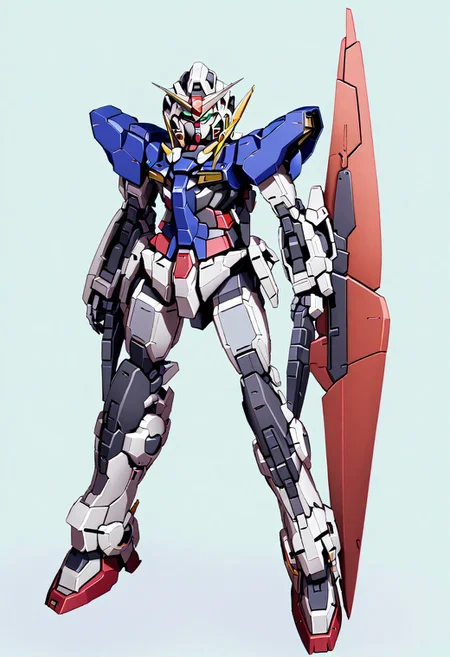 gundam_00, gundam, (gundam_exia), mecha, mobile_suit, gn_drive, gn_particles, v-fin, robot, white_armor, blue_armor, grey_armor, glowing_eyes, green_eyes, science_fiction, light_particles no_humans, sparks, sword, weapon,mecha_musume