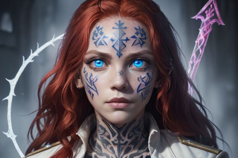 bright red hair, human female, (feminine:1.7), (beautiful face, detailed face:1.6), (beautiful eyes, detailed eyes:1.7), (looking at viewer, eye contact, intense:1.6), (long hair, red hair, curly hair:1.3), , ((masterpiece, best quality, high resolution, realistic, best quality,)), photo realistic, Perfect Face, (detailed face). <lora:GoodHands-vanilla:0.6> <lora:add-detail-xl:0.8>, mage, (Dress White military uniform coat), dagger, rune dagger, glowing runes, , (((glowing magic symbols tattoos, religious tattoos))), ((face tattoos)), glowing tattoos, stone tower in the background