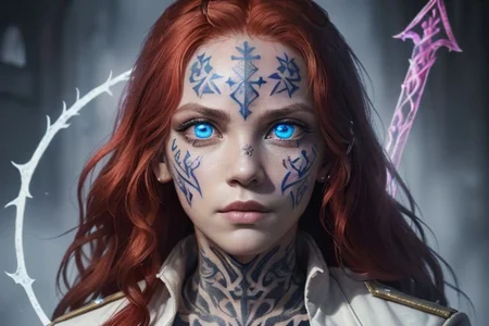 bright red hair, human female, (feminine:1.7), (beautiful face, detailed face:1.6), (beautiful eyes, detailed eyes:1.7), (looking at viewer, eye contact, intense:1.6), (long hair, red hair, curly hair:1.3), , ((masterpiece, best quality, high resolution, realistic, best quality,)), photo realistic, Perfect Face, (detailed face). <lora:GoodHands-vanilla:0.6> <lora:add-detail-xl:0.8>, mage, (Dress White military uniform coat), dagger, rune dagger, glowing runes, , (((glowing magic symbols tattoos, religious tattoos))), ((face tattoos)), glowing tattoos, stone tower in the background