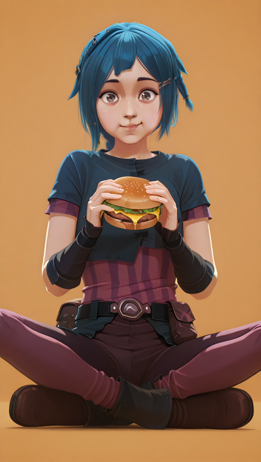 absurdres, masterpiece, best quality, 8k, PowderS1, 1girl, grey eyes, short hair, blue hair,  braid, asymmetrical bangs, hair clip, hair ornament, pink shirt, short sleeves, blue jacket, brown shorts, pink leggings, belt, pouch, black gloves, brown boots, full body, sitting, solo, simple background, (holding food, cheeseburger), puffy cheeks, small smile, looking at viewer,