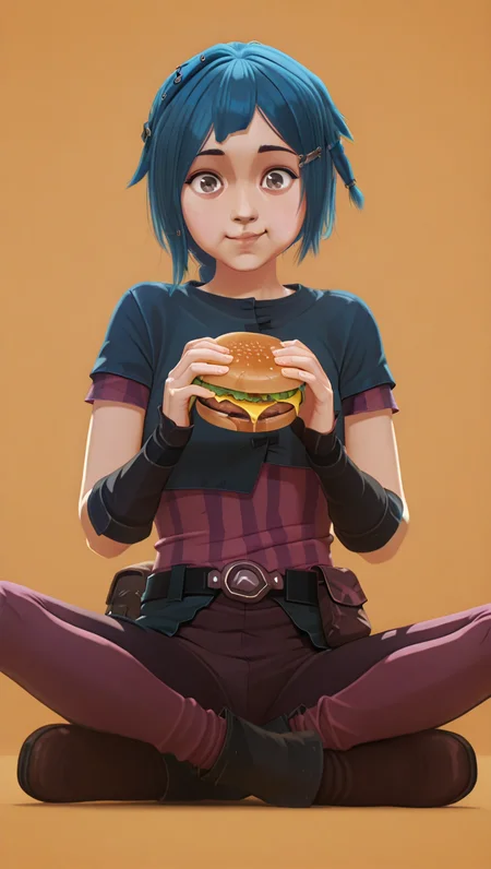 absurdres, masterpiece, best quality, 8k, PowderS1, 1girl, grey eyes, short hair, blue hair,  braid, asymmetrical bangs, hair clip, hair ornament, pink shirt, short sleeves, blue jacket, brown shorts, pink leggings, belt, pouch, black gloves, brown boots, full body, sitting, solo, simple background, (holding food, cheeseburger), puffy cheeks, small smile, looking at viewer,
