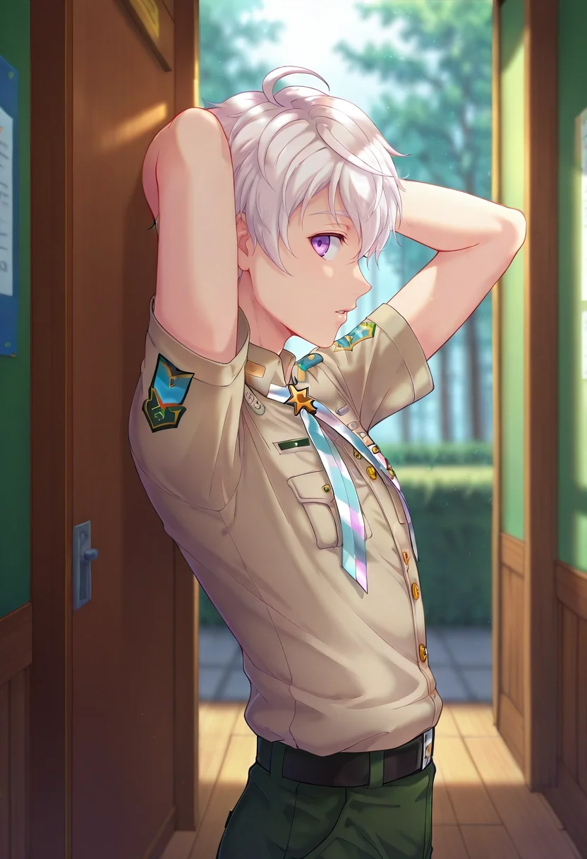 masterpiece, best quality, , , looking at viewer, depth of field, 1boy, solo, male focus, <lora:felix_clermont_ilxl:1>, felix_clermont, white hair, purple eyes, ahoge, uniform, profile, corridor, day, arms behind head, speaking, talking,