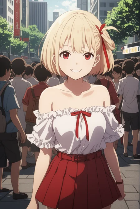 masterpiece, best quality, highres, 4k, 8k, intricate detail, cinematic lighting, amazing quality, amazing shading, soft lighting, Detailed Illustration, anime style,
chisatonishikigi, <lora:chisato-nishikigi-s1-sdxl-lora-nochekaiser:0.75>,
chisato nishikigi, short hair, bangs, blonde hair, red eyes, hair ribbon, one side up, bob cut, smile,
shirt, bare shoulders, twintails, collarbone, hair ribbon, white shirt, frills, off shoulder, red ribbon, short twintails, off-shoulder shirt, frilled shirt, skirt, pleated skirt, red skirt,
outdoors, cityscape, crowd, people,
looking at viewer, full body,