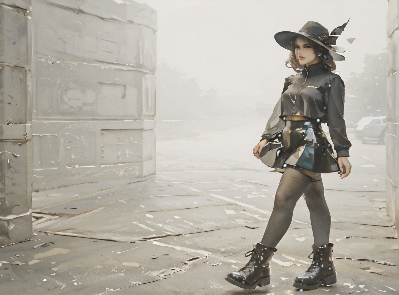 score_9, score_8_up, score_7_up, character in profile, walking, looking at surroundings, 1girl, pale skin, medium breasts, <lora:sm0k3XLP:1>, <lora:goth_clothes:1>, (black sunhat, black stockings, black skirt, black top, zipper boots, Shoulder length hair, unnatural haircolor, <lora:wtgn:1>, <lora:Urban_Liminal_Underground_Construction_Style_Background:1>,
