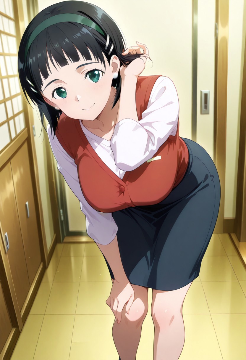 TinaKwee, 1girl, dark brown bobcut, blunt bangs, black eyes, white pearl earrings, dark green hairband, open red vest, long-sleeved white shirt, dark blue skirt, flat black shoes, suguha kirigaya, short hair, black hair, hair ornament, hairclip, green eyes, mature female, breasts, anime screencap, leaning forward, smiling, looking at viewer, fixing hair,