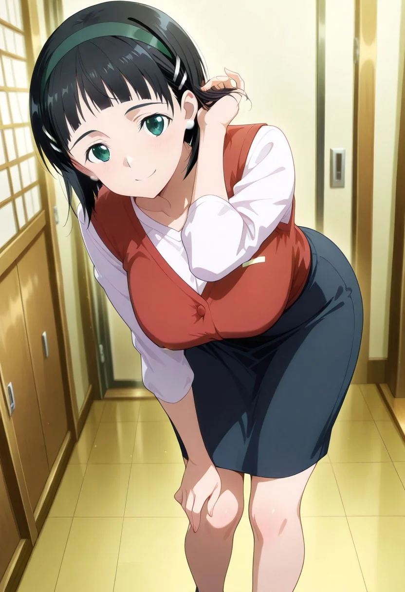 TinaKwee, 1girl, dark brown bobcut, blunt bangs, black eyes, white pearl earrings, dark green hairband, open red vest, long-sleeved white shirt, dark blue skirt, flat black shoes, suguha kirigaya, short hair, black hair, hair ornament, hairclip, green eyes, mature female, breasts, anime screencap, leaning forward, smiling, looking at viewer, fixing hair,