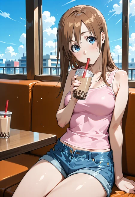 best quality, amazing quality, perfect quality, high quality, masterpiece, absolutely eye-catching BREAK
<lora:Over_Drive_-_Yuki_Fukazawa:1> OverDriveYuki, blue eyes, brown hair, long hair, medium breasts BREAK
pink tank top, denim shorts BREAK
indoors, cafe, table, booth seating, window, blue sky, clouds, light particles BREAK
1girl, solo, sitting, drinking straw, bubble tea, drinking straw in mouth, upturned eyes, looking at viewer, head tilt, cowboy shot, dutch angle, from below
