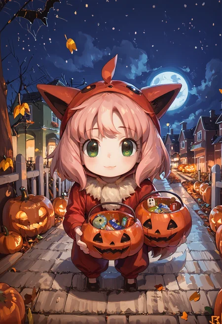 score_9,score_8_up,score_7_up,night,night sky,moon,halloween,cute,1girl,solo,<lora:halloweenpokemonXLP:0.8>,halloween,jack-o'-lantern,autumn leaves,<lora:Trick_or_treat:0.8>,tr1ck0rtr3at,holding,halloween bucket,doorway,street background,<lora:anya-forger-movie-ponyxl-lora-nochekaiser:0.8>,anya forger,anya (spy x family),bangs,green eyes,pink hair,ahoge,child,female child,<lora:eevee-cosplay-ponyxl-lora-nochekaiser:0.8>,eevee cosplay,eevee (cosplay),cosplay,hood,hood up,long sleeves,kigurumi,animal ears,pokemon tail,tail,