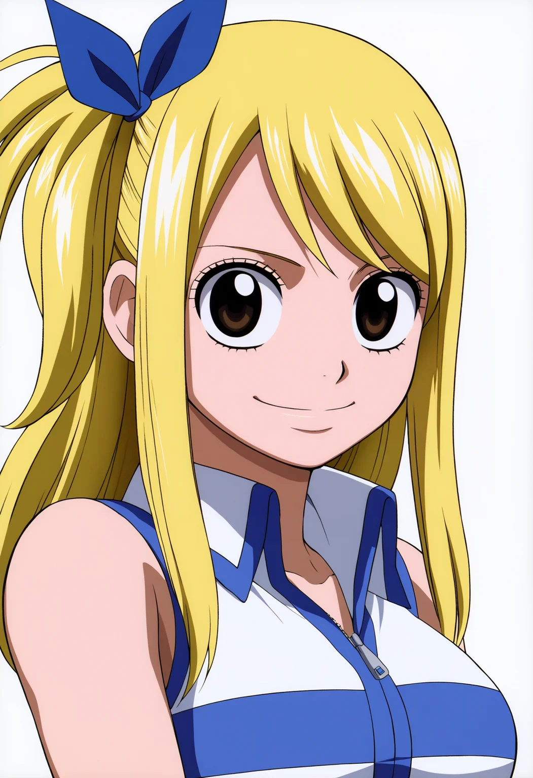 best quality, amazing quality, very aesthetic, absurdres,
1girl, lucy heartfilia, blonde hair, one side up, side ponytail, long hair, brown eyes, hair ribbon,
sleeveless, belt,
upper body,
smile, solo, looking at viewer, simple background, white background, <lora:LucyNoobXL_byKonan:1>