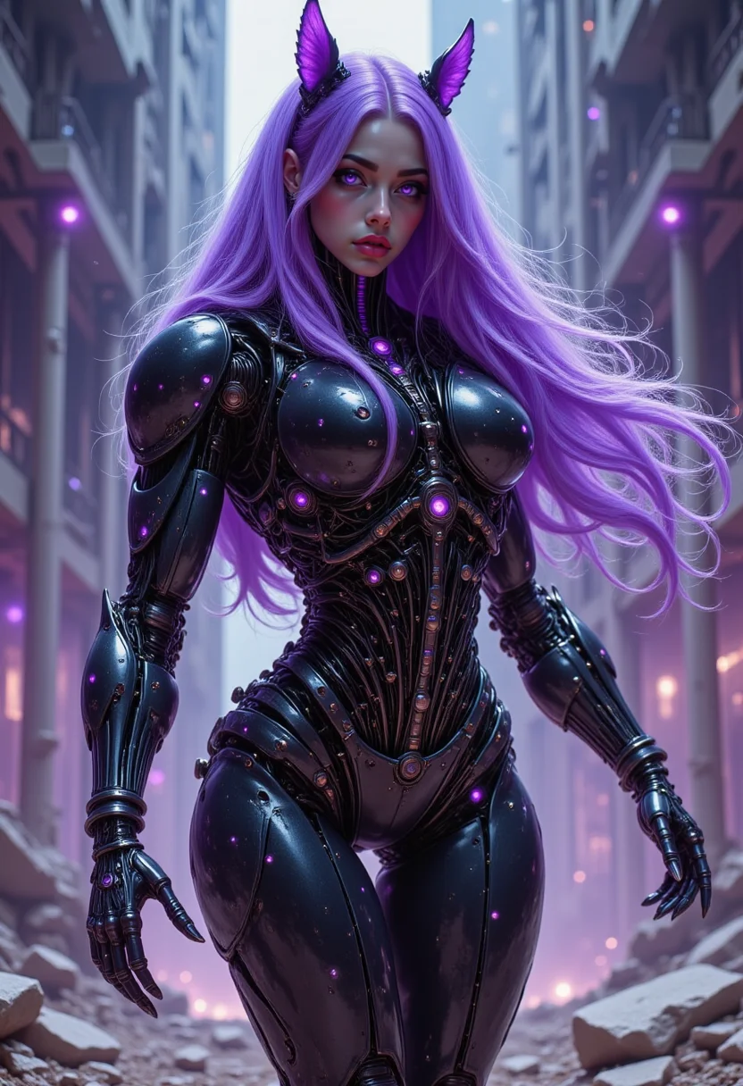 pinkmechalux, A cyber-witch, fusion of advanced tech and dark mysticism, sleek black armor with glowing runes, flowing purple hair, levitating in a dimly lit digital void