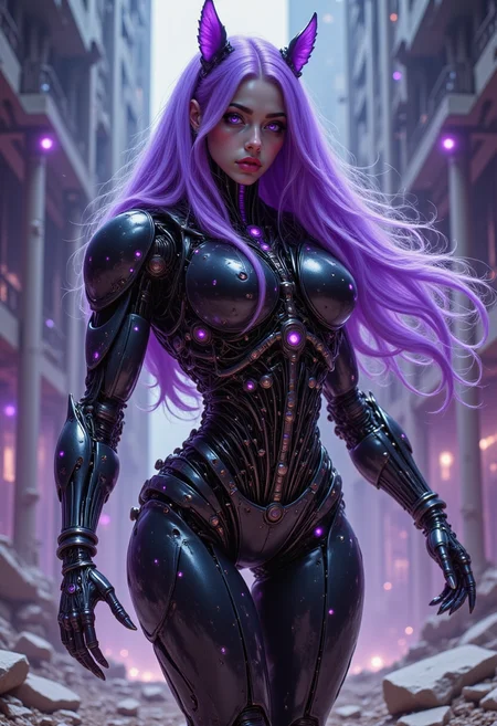pinkmechalux, A cyber-witch, fusion of advanced tech and dark mysticism, sleek black armor with glowing runes, flowing purple hair, levitating in a dimly lit digital void
