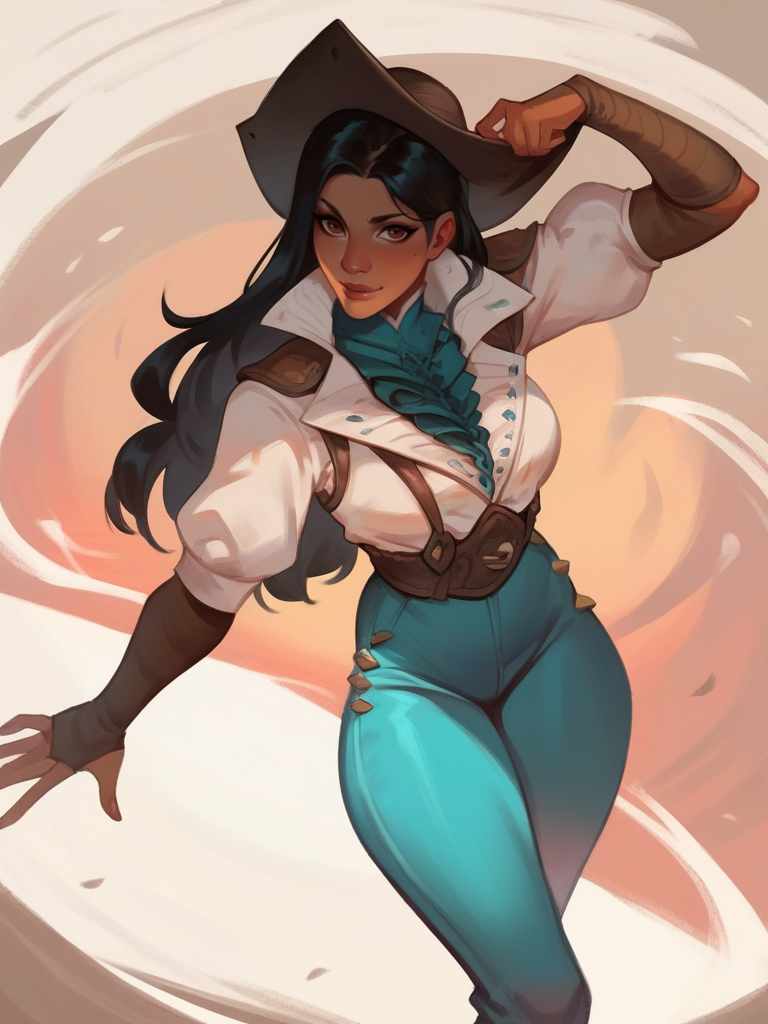 score_9, score_8_up, score_7_up, 1girl, dynamic pose, cowboy shot, light smile, looking at viewer, daylight, sexy pose, sexually suggestive, white light,
<lora:ANaveGallus_character:0.8>, NaveGallus, black hair, long hair, brown eyes, dark skin, white shirt, blue pants, belt, high collar, hat, cartoon, <lora:Bonifasco_PonyXL_v1:0.6> from above,
