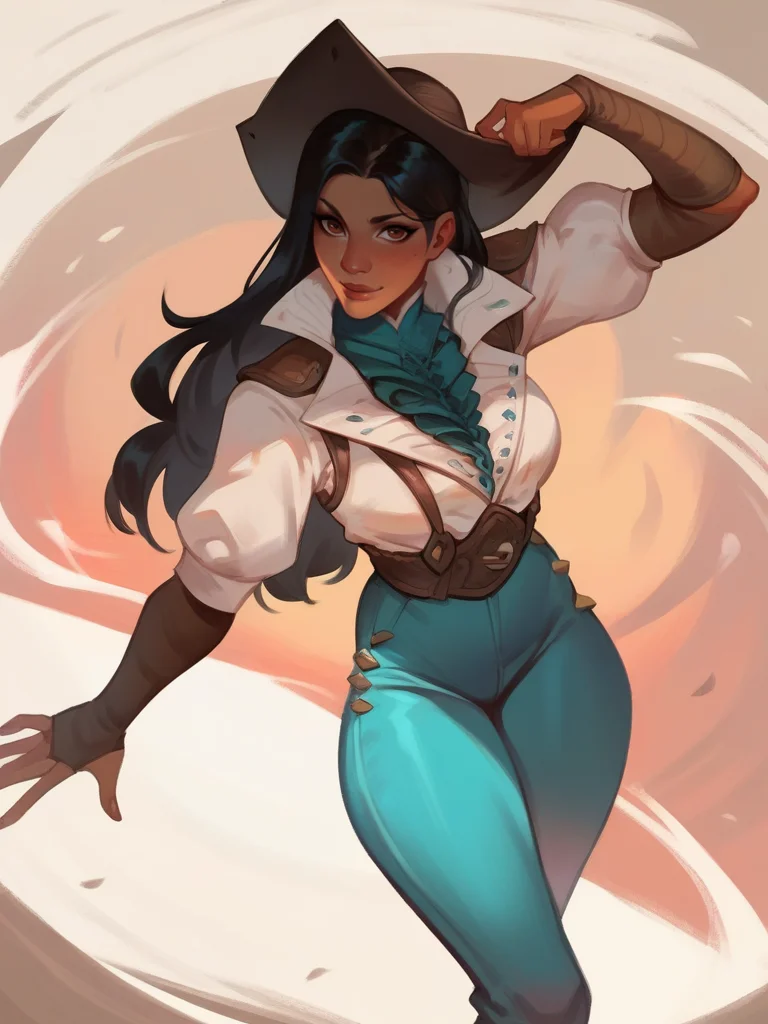 score_9, score_8_up, score_7_up, 1girl, dynamic pose, cowboy shot, light smile, looking at viewer, daylight, sexy pose, sexually suggestive, white light,
<lora:ANaveGallus_character:0.8>, NaveGallus, black hair, long hair, brown eyes, dark skin, white shirt, blue pants, belt, high collar, hat, cartoon, <lora:Bonifasco_PonyXL_v1:0.6> from above,