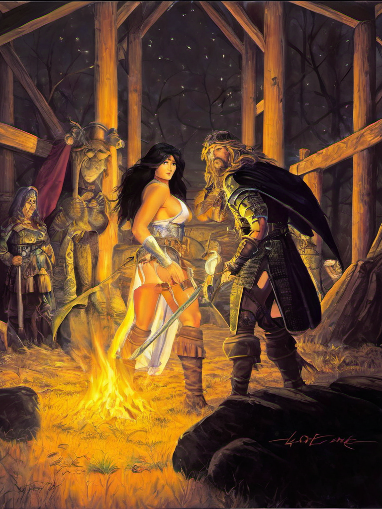 fantasy illustrations of by Elmore_Style_LX , Witches and warriors, sexy, skimpy, slutty, supermodel witch, adventure, cinematic, epic outdoor location, fantasy illustration, cinematic scene by forgotten realms, 1woman barbarian, skimpy armor, Huge breasts, bikini armor, sexy barbarian nude , with sword with a magic items, in the background epic winter sunset Fantasy masterpiece by Larry Elmore , dragonlance , <lora:Elmore_Style_LX-000010:0.7>